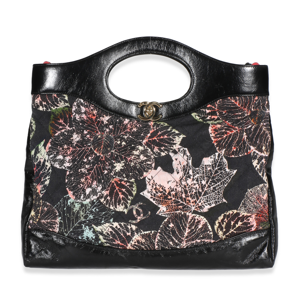 Chanel Black Pink Floral Canvas Calfskin Large 31 Shopping Bag